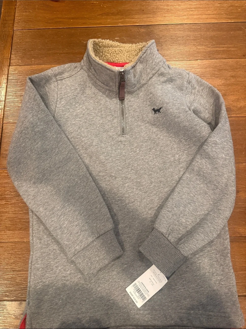Carter's Grey Sherpa-Lined Quarter Zip Pullover with Tiny Black Dog size 8